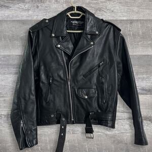 UNIK Black Leather Riding Motorcycle Jacket Mens XL 46 Belted Full Zip Grunge